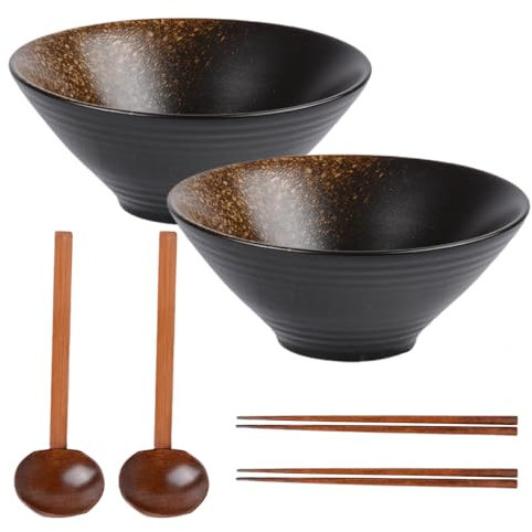 Aegistus 2 cuencos de sopa ramen, 2 pares de palillos y 2 cucharas de madera, marrón grande de 700 ml, cuencos grandes de fideos japoneses y chinos, aptos para microondas, lavavajillas, Pho, Udon,