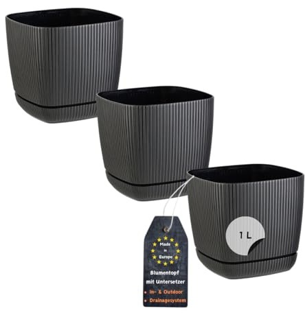 Engelland - 3 x Blumentopf mit Drainagesystem, Untersetzer, Farbe: Schwarz, Rillenoptik, Pflanz-Topf, Kübel, modern, Kunststoff, quadratisch, 12 x 12 cm, 1 Liter