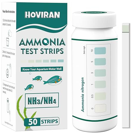 HOVIRAN Tiras de prueba de amoníaco para peceras, tiras de prueba de amoníaco para acuarios y estanques de agua salada y dulce, kit de prueba de agua de acuario de 50 unidades