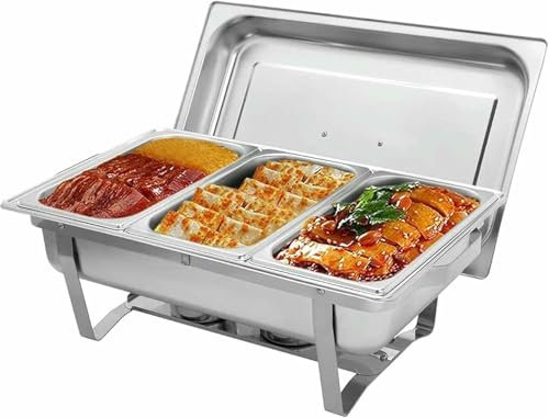 HOTAPEPU Chafing Dish en Acier Inoxydable 9 L – Plat de Buffet rectangulaire Triple Avec Chauffage à l'alcool, Portable pour la Restauration 60 * 32 * 35 cm~/