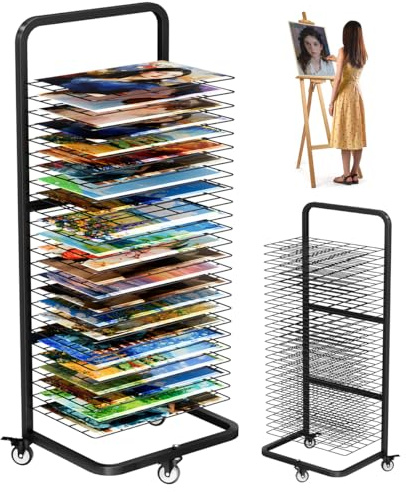 Garbuildman Estante de secado de arte resistente para pinturas, soporte de secado de metal con 25 estantes extraíbles, estante de almacenamiento de lona móvil con ruedas bloqueables para aulas y