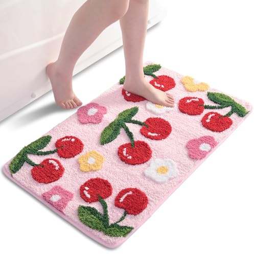 QJHOMO Rosa Badezimmerteppich Kirsche Badematte rutschfest Waschbar Badteppich Bunt Badvorleger Weiche Mikrofaser Duschvorleger Absorbierende Badezimmer Teppich 45 x 65 cm