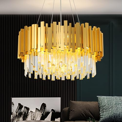 YZBEIMDAI Modern Kristallkrona, Lyxig Runda Kristallkrona, E14 Pendellampa Cristal Ljusarmaturer för Matsal, Vardagsrum, Sovrum, Guld, 55 cm