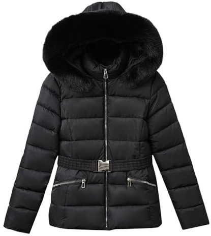 Generisch Giacca trapuntata da donna con cappuccio e cintura in pelliccia sintetica – Giacca invernale sciancrata con cerniera | Elegante cappotto corto per un look femminile, L