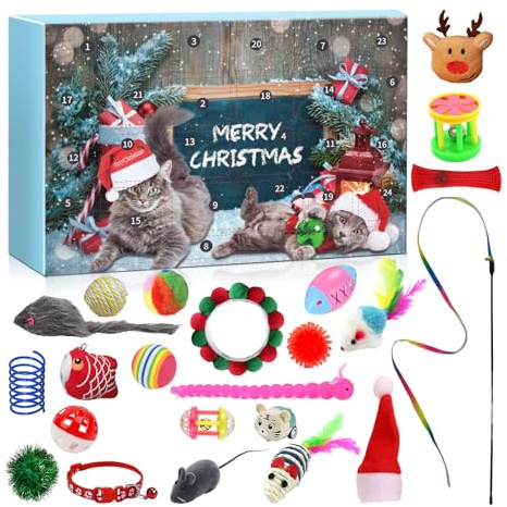 Kattadventskalender, 24 dagar kattleksak nedräkningskalender, interaktiva julleksaker sortiment med fjäderteaserspön, möss, bollar, klockor för inomhus kattunge, husdjur överraskning semestergåvor