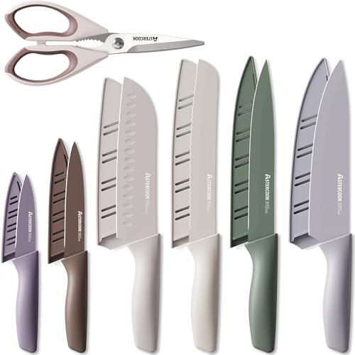 Astercook Knife Set, 13 Pieces Kitchen Knives Set with Healthy Anti-Rust Coating, Dishwasher Safe, Stainless Steel Chef Knife Sets with 6 Blade Guards, Perfect Holiday Gifts for Kitchen Morandi