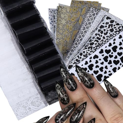 Zosutetoxo Stickers, 50 piezas de plantillas para uñas y folios de transferencia, plantillas de estampado para uñas con diseño de encaje floral negro y blanco