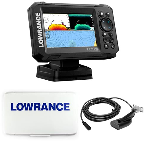 Klovoo Fishfinder Kit med Lowrance Eagle 5, Fishfinder GPS 5 tum IPS + Solskydd ingår, med eller utan HDI-givare eller SplitShot HD