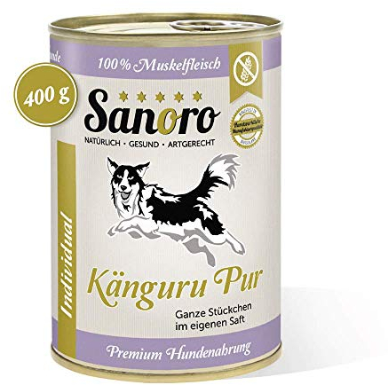 Sanoro Känguru pur, 100% Muskelfleisch vom Känguru, salzfrei - Premium-Hundefutter - singleprotein, hypoallergen - für Ausschlußdiäten geeignet (12 x 400 g)