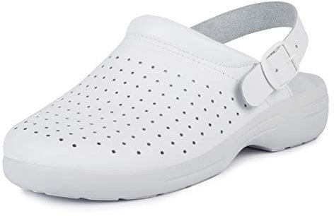 Jürgen Hirsch Damen Clog Soft 04 Leder Rutschhemmend weiches Fußbett Antishock-Fersenpad (weiß, Numeric_38)