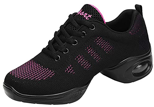 Jazzskor för kvinnor snörning dansskor andningsbara nät luftkudde dam delad sula plattform dans sneakers, Svart rosa, 40.5 EU