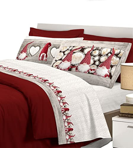 IlGruppone Completo Letto 100% Caldo Cotone di Flanella Lenzuolo sotto con Angoli + Lenzuolo sopra + Federe Linea Gnomi - Una Piazza e Mezza - Rosso