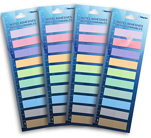 WAYTEX 800 Marque-pages adhésifs repositionnables plastifiés 10 couleurs soit 4 packs de 10 mini blocs de 20 sticky notes couleurs pastels 45 x 12 mm