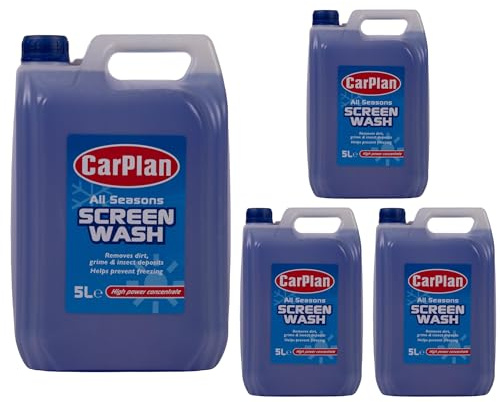 CarPlan Líquido Limpiaparabrisas Coche Alta Concentración 20 Litros | Multiestacional | 1L Rinde Hasta 10L | Antilluvia y Anticongelante | Elimina Insectos y Suciedad (paquete de 4 x 5L)