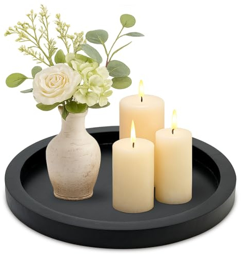 Round Decorative Tray for Coffee Dining Table Countertop Small Wooden Serving Trays Farmhouse Kitchen Home Living Room Decor and Bathroom Accessories Tray Black Rustic Wood Candle Centerpiece Trays