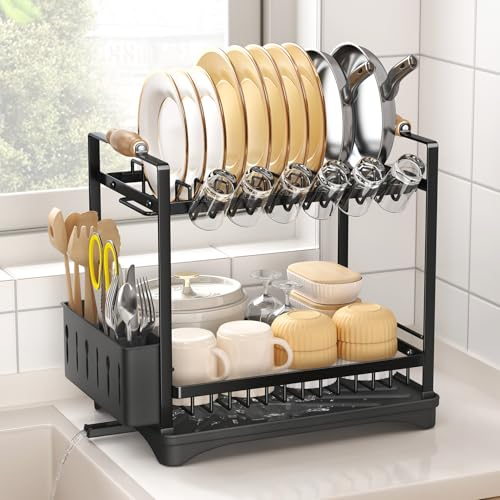 SAYZH Grand Égouttoir à Vaisselle, Egouttoir Vaisselle à 2 Étages sur Evier, Égouttoir à Vaisselle Cuisine avec Bec Verseur d'égouttage Pivotant/Porte-ustensiles pour Le Comptoir de Cuisine, Noir