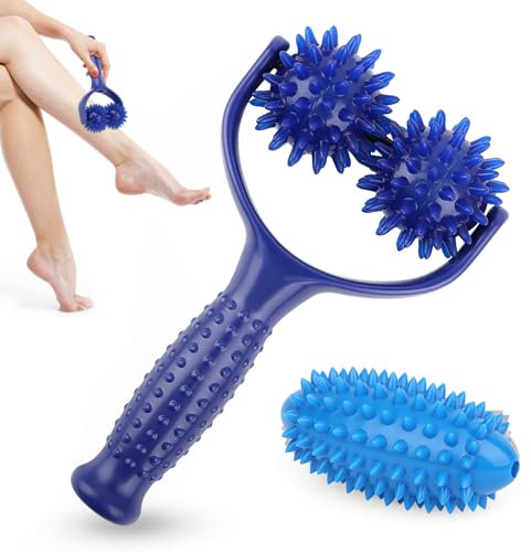 Massageroller Mit Griff, Massagebälle Massage Roller, Selbstmassagerolle, Auswechselbare Massage Roller mit 3 Igelball Massageball, Massagegerät Fascia Ball für Beine, Füße, Arme, Rücken