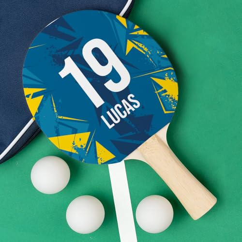 Wanapix | Raquette de Ping-Pong Personnalisée | Raquette de Tennis de Table avec Nom et Numéro | en Bois et Caoutchouc | Personnalisée sur 1 Face par Impression sur Le Caoutchouc | Jaune & Bleu