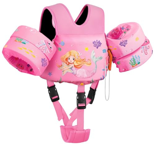 MoKo Toddler Swim Vest for 15-20-30 pounds, Boys Girls Swim Puddle Arm Floaties Cartoon Swimming Water Wings with Crotch Strap, Pool Floats Jacket Sleeves Arm Band for Toddler, Pink Mermaid