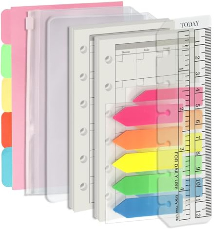 Harphia A7 - Set di inserti per 6 fori, 90 fogli di carta con adesivi e separatori, inserti per pianificatore con tasche per quaderno ricaricabile A7 - Mensile