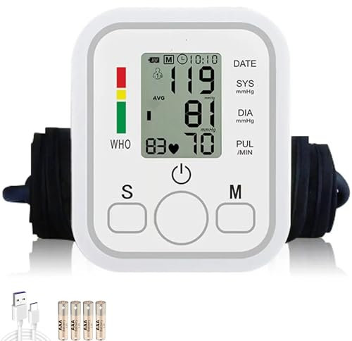 Blood Pressure Monitor with x4 AAA Battery, Large Cuff Digital Upper Arm BP Machine, 2x99 Memory Set, Voice Prompt, USB Cable, Arrhythmia Detection, Heart Rate Hypertension Monitors, Home Use (White)