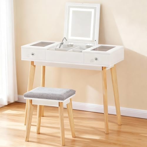 Sminkbord med LED-belysning och spegel, 3 färger, toalettbord med 2 lådor och 4 fack, sminkbord med pall, integrerat uttag, sminkbord 90 x 40 cm, modern design, vit