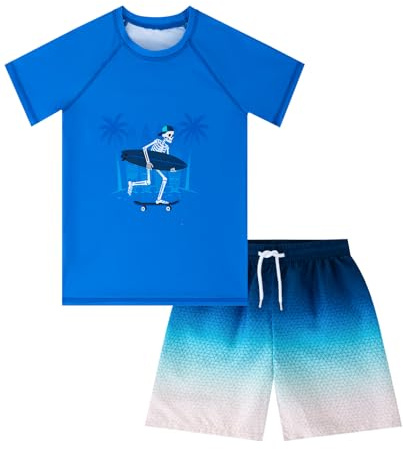 Boys Swim Sets Kids Short Sleeve Bathing Suit Blue Rash Guard for Boys Palm Tree Swim Trunks with Surfing Water Shirts Size 10
