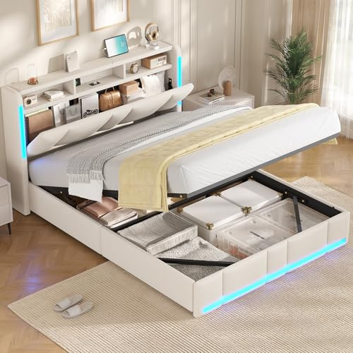 AOGLLATI King Size Ottoman Bed Frame 150×200 cm with Hydraulic Storage, Charging Station & LED Lights, King Size bed frame with Storage Headboard, Sturdy Wood Slats, Off-white Linen (King-150x200cm)