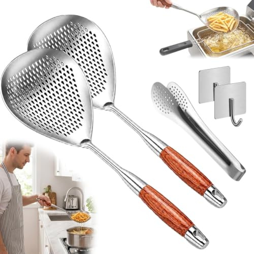 Juego de cucharas espumadoras de acero inoxidable con asas de grano de madera, cucharones ranurados para freír verduras de pasta y escurrir (2 piezas, 45 cm)