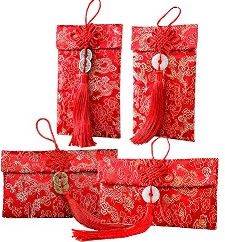 4 PCS Chinese Silk Red Envelopes, Chinese Lucky Dragon Element Red Envelopes for Wedding, New Year Red Money Pockets, Approx Can Hold 100 Sheets, 4 Styles