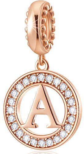 CHAWIN Initial A-Z bokstavsberlock, alfabetsberlocker, roséguld, autentiska 925 sterling silver berlocker passar Pandora Charm armband, halsband, cirkel hängande berlock för kvinnor, flickor, glittrande klar sten, Kubisk zirkonia