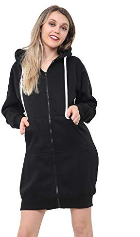 WOOD QUAIL WOMEN LADIES GIRLS LONG HOODIE ZIPPER FLEECE WARM JACKET STYLISH WITH POCKET SWEATSHIRT CASUAL JUMPER TOP DRESSES S-3XL (M-L 12-14, LONG HOODIE BLACK)