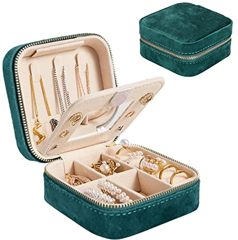 Darbermu Mini Jewelry Box Organiser, Green Portable Travel Jewellery Case, Velvet Double Layer Jewelry Bag with Mirror, Rings Earrings Necklace Bracelets Gift Box for Girls Women