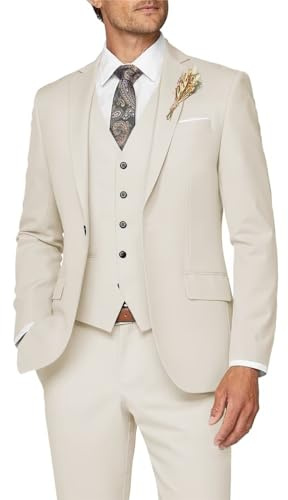 Wangyue Mens Suit 3 Piece Slim Fit Suit for Men Formal Business Suit Wedding Groom Prom Tuxedo Dinner Party, Cream, L
