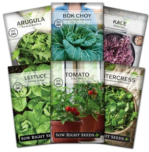 Sow Right Seeds - Hydroponic Vegetable Seeds for Planting - Lettuce, Kale, Arugula, Pak Choi, Watercress & Cherry Tomato Seeds for Planting and Growing Hydroponics - Perfect for Indoor Growing System