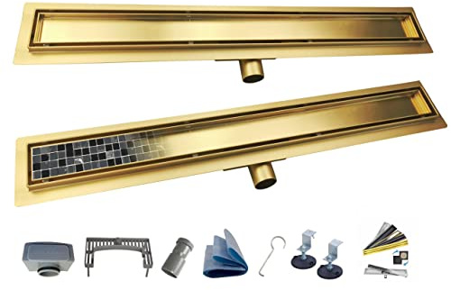 AQUA HEATING 2in1 linearer Edelstahl-Bodenablauf superflach Komplettset für Badezimmer mit bodengleicher Dusche, Duschrinne Ablaufgarnitur-Set, Duschablauf mit Siphon Doppelseitige Rost 90 cm gold