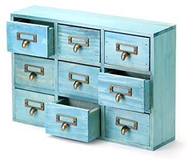 QWORK Schreibtisch-Schubladen-Organizer, Holz, Vintage-Apothekerschrank mit 9 Schubladen, Heimbüro, Tee- und Kommode, Schlafzimmer-Organisation und Aufbewahrung, traditioneller Apothekerschrank, Blau