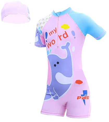 NautySaurs Maillot de bain une pièce pour filles - Motif animal mignon - Avec bonnet de bain, Éléphant Rose, 10-11 ans