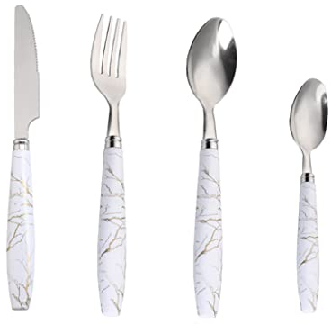 Set da 24 posate con manico in marmo, set da cucina argenteria stoviglie principale in acciaio inox coltello e forchetta cucchiaio bistecca commerciale caffè western stoviglie (bianco)
