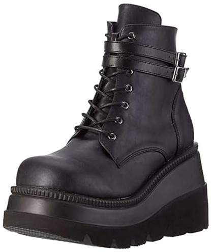 Ulalaza Dark Bat Wing Ankle Boots for Women Wedge Chunky with Sassy Platform Boot Round Toe Lace up Side Zipper High Heel Women Boot Stretch Fabric Soft Skin-Friendly and fit Around The Ankle