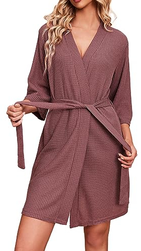 Ekouaer Damen Saunamantel Kurz mit 3/4 Ärmel Braut Morgenmantel Casual Nachthemd Sexy Kimono Kurz Cardigan Rosiges Braun XL