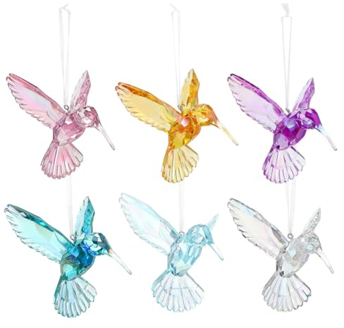 HOOTNEE Hummingbird Ornament 6-Pack Acrylic Hanging Decorative Birds for Home Party Garden Xmas Tree 3.94X3.74X2.76 Inch Indoor Outdoor Use
