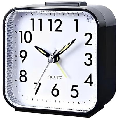 OHVBAEON Alarm Clock, Alarm Clocks Bedside, Silent Non Ticking Small Clock, Battery Alarm Clocks for Bedrooms, Office, Outdoors, Heavy Sleepers, Travel, Girl Children(Black)