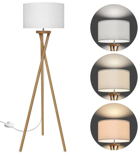 BBHome Stehlampe Wohnzimmer Holz, Skandinavisch Mit E27 9W LED Glühbirne, Weißer Lampenschirm, Moderne Standleuchte für Schlafzimmer, Arbeitszimmer und Büro