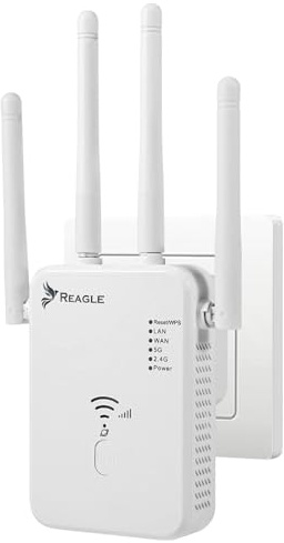 Reagle WiFi-repeater, dubbla band 2,4 GHz & 5 GHz, 1 200 Mbps, 3 lägen: WiFi-adapter, AP-läge, förstärkare, 4 antenner, WPS knapp, säker WLAN-förstärkning för hem och kontor