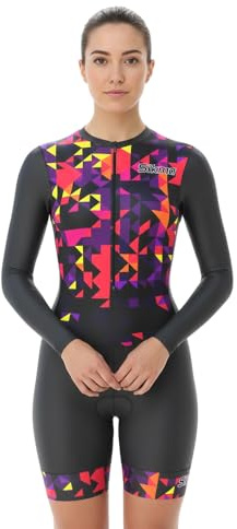 Sikma Ladies Cycling Skinsuit Women Padded One Piece Trisuit Bike Top Short Sublimated Design bib Short Long Sleeves (Yellow, XX-Large)