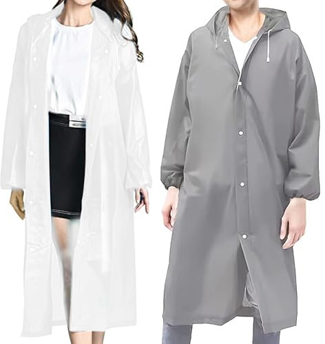 UZSUZZ 2 Pack Rain Ponchos, Waterproof Raincoats for Adults, Reusable Portable Rain Coat with Hoods and Sleeves, Rain Jacket Rainwear for Women Men Outdoor Travel Hiking Camping (White & Gray)