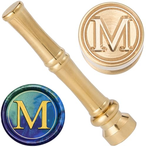 CRASPIRE M stämpel vaxförsegling alfabetet vaxstämplar 15 mm guldmetall mässing retro vintage initial bokstav mini bambu handtag stämpel för Thanksgiving kort inbjudningskort