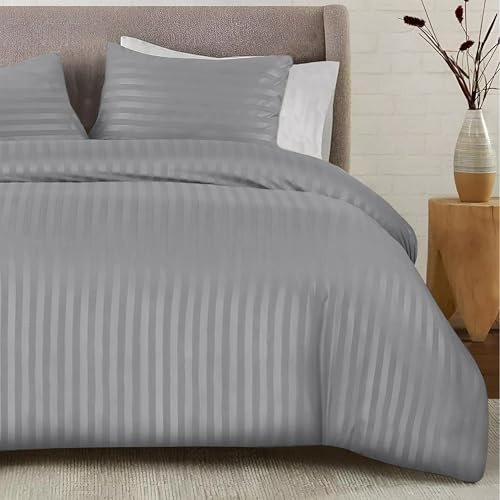 SSW HOMES Juego de funda de edredón gris Super King, juego de ropa de cama de microfibra cepillada suave y fácil de cuidar, a rayas satinadas, calidad de hotel, hipoalergénica, resistente al