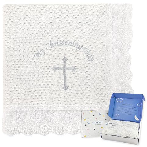 Pinuotu Baby Baptism Blanket – 100% Cotton Knit Christening Blanket with Lace Trim & Embroidered Cross, 40x40 Soft White Receiving Blanket with Gift Box for Boys Girls Newborn